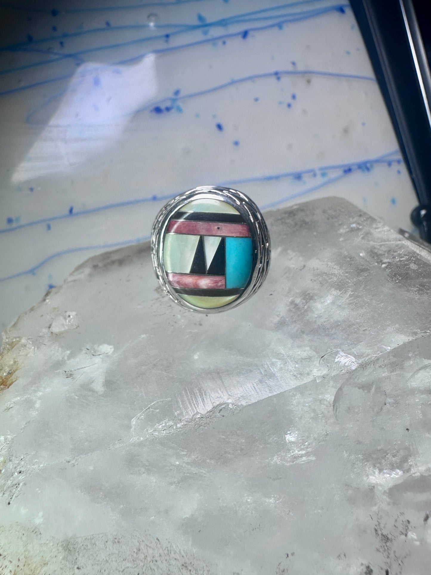 Zuni Ring turquoise onyx MOP leaves band size 8.2 sterling silver women men signed DL