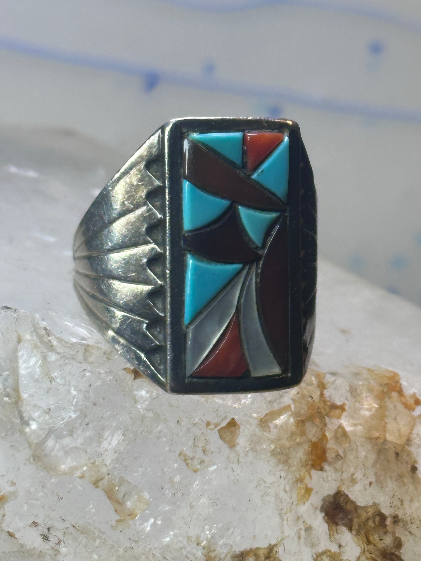 Zuni Cobblestone Ring Turquoise coral size 11.25 sterling silver sign R. G. & T