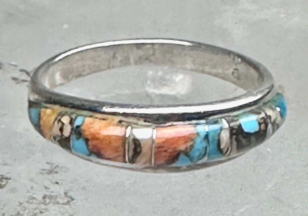 Vintage Sterling Silver Mosaic Turquoise Spiny Oyster Inlay Band Ring Size 8 2.4g