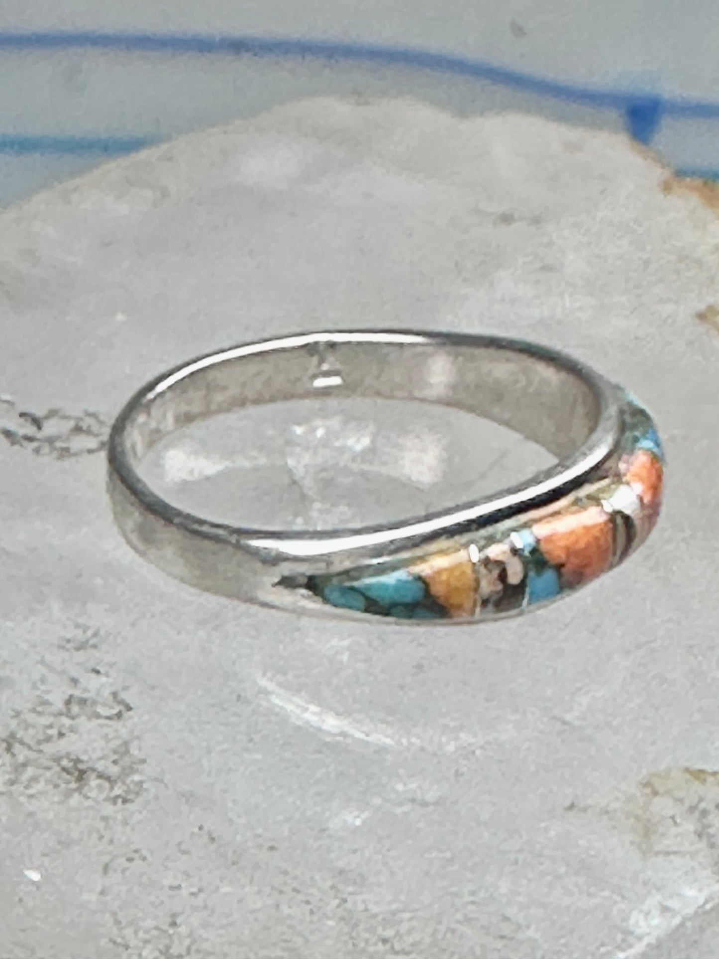 Vintage Sterling Silver Mosaic Turquoise Spiny Oyster Inlay Band Ring Size 8 2.4g