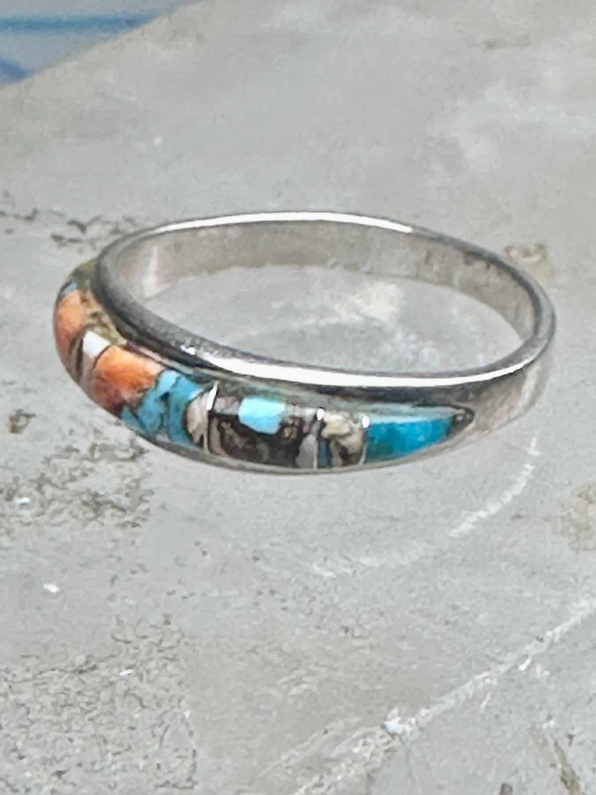 Vintage Sterling Silver Mosaic Turquoise Spiny Oyster Inlay Band Ring Size 8 2.4g