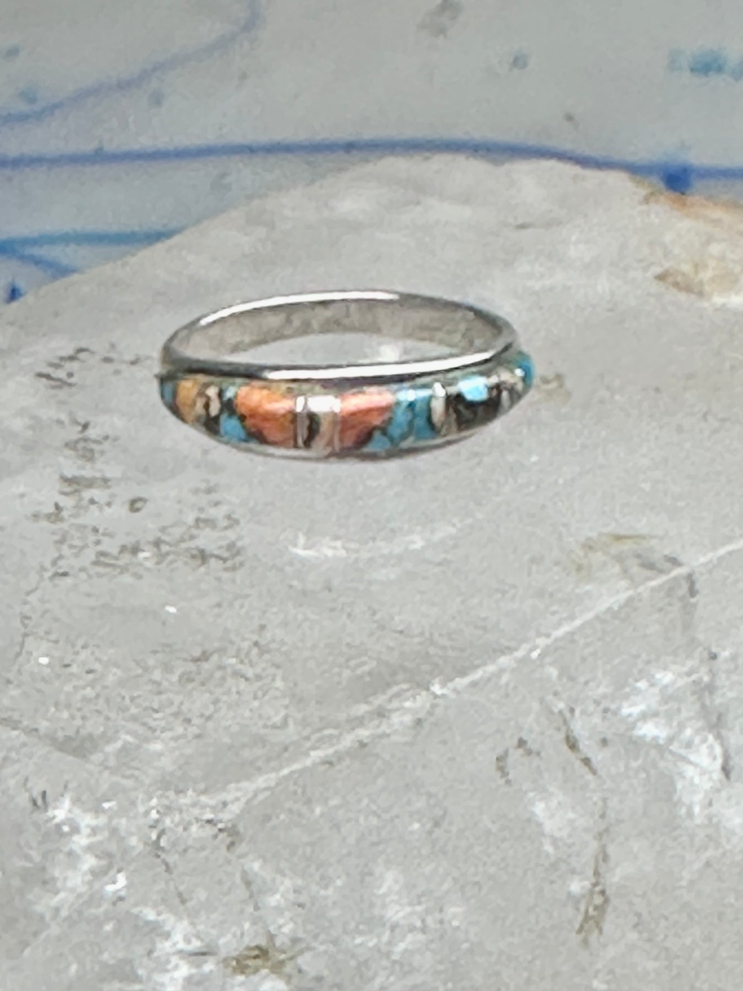 Vintage Sterling Silver Mosaic Turquoise Spiny Oyster Inlay Band Ring Size 8 2.4g