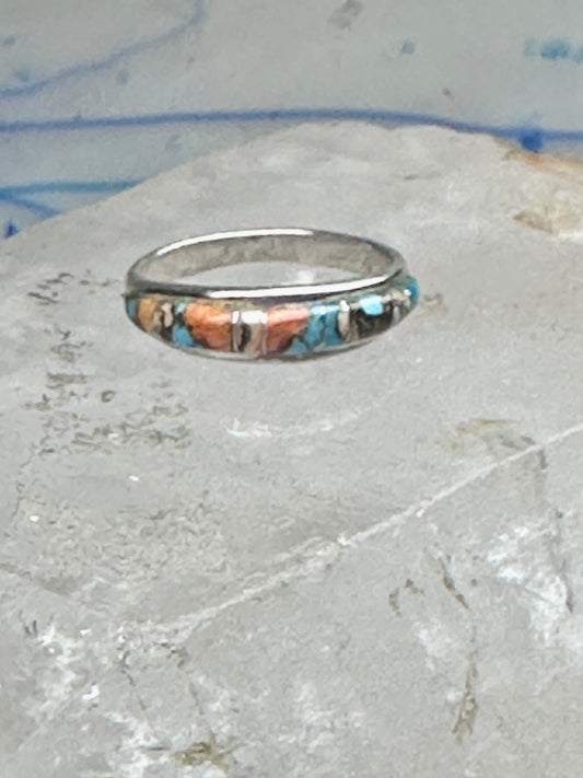 Vintage Sterling Silver Mosaic Turquoise Spiny Oyster Inlay Band Ring Size 8 2.4g