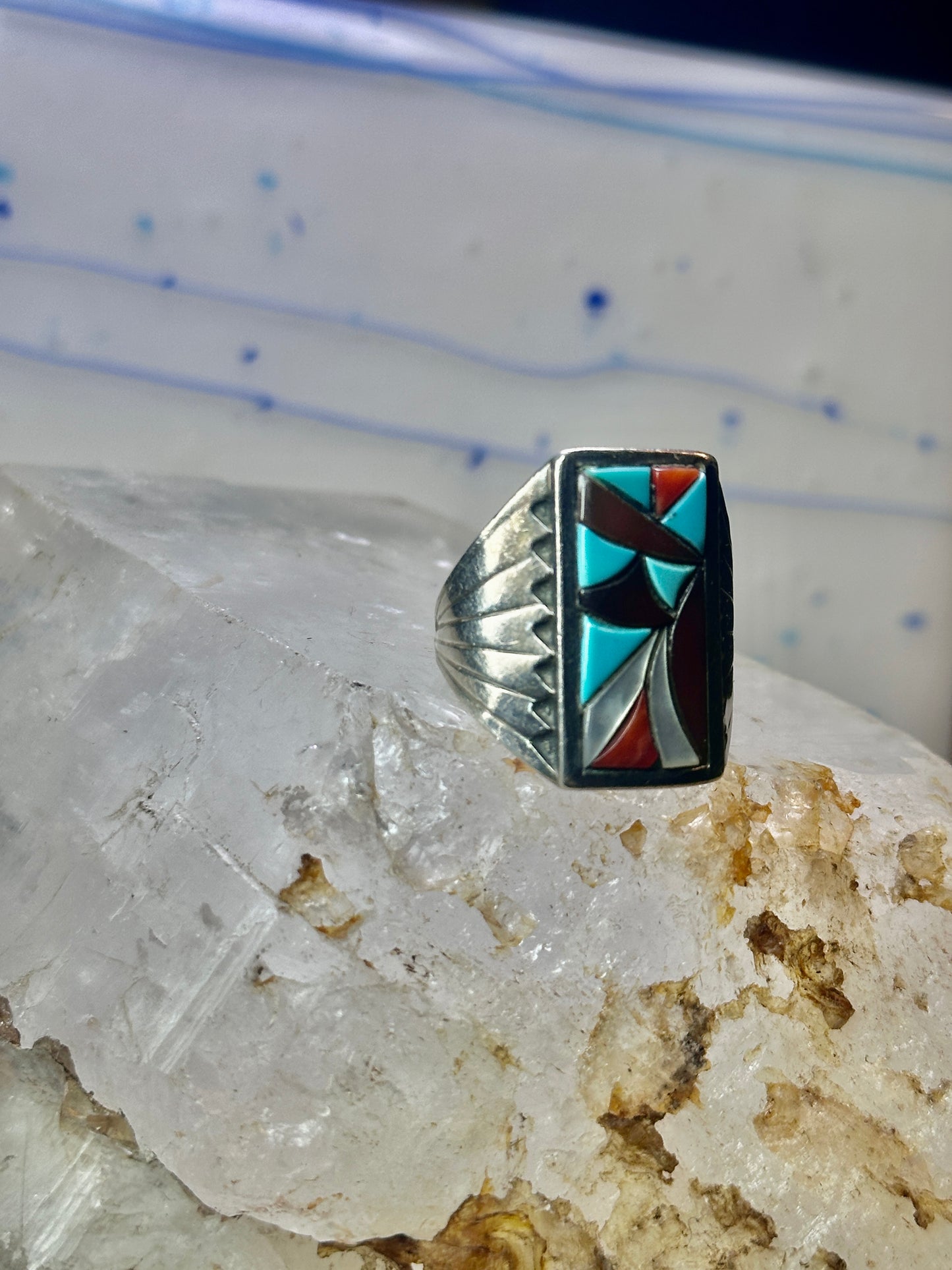Zuni Cobblestone Ring Turquoise coral size 11.25 sterling silver sign R. G. & T