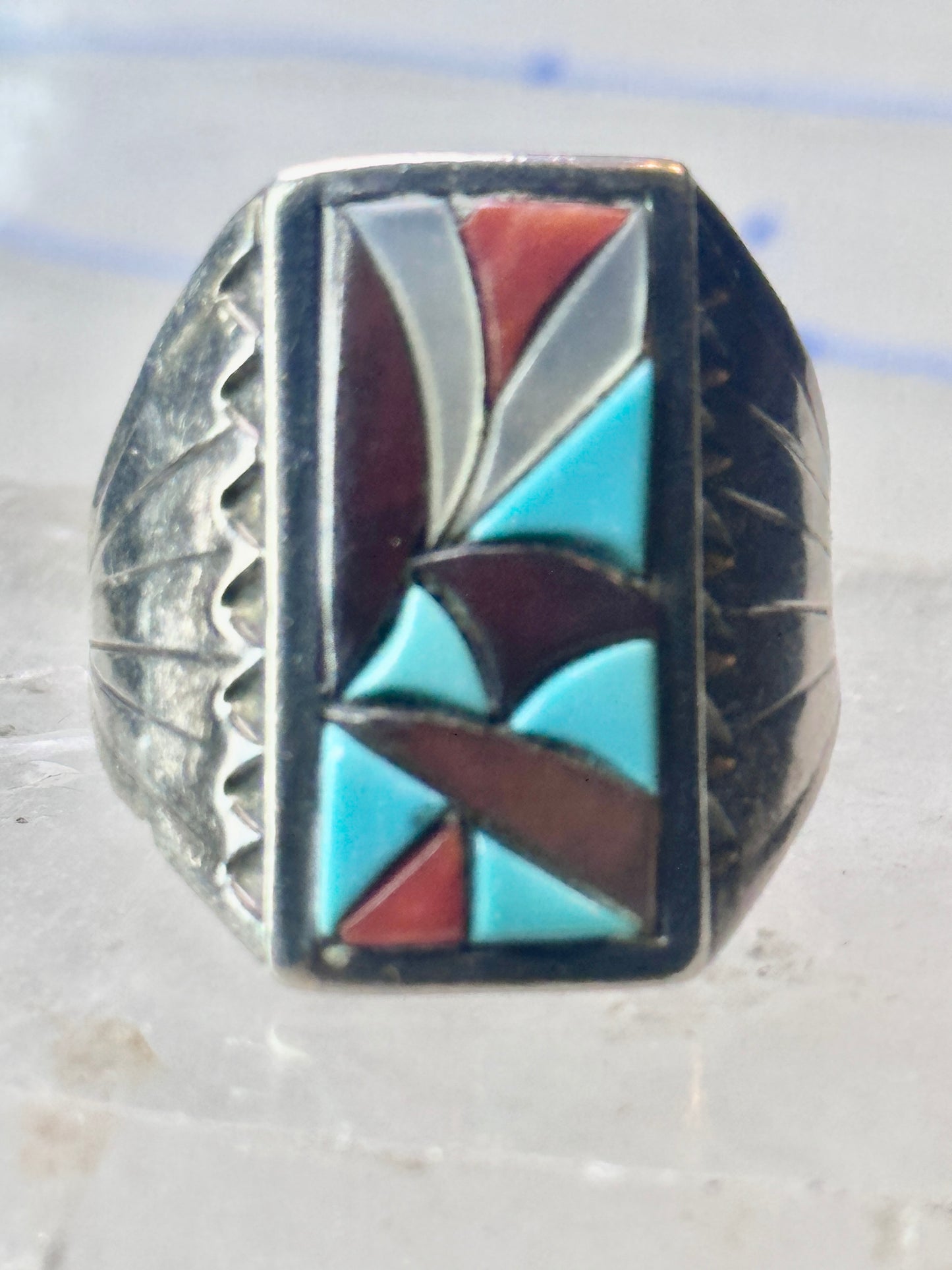 Zuni Cobblestone Ring Turquoise coral size 11.25 sterling silver sign R. G. & T