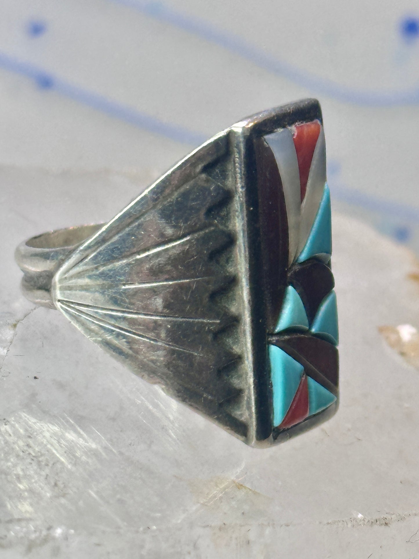 Zuni Cobblestone Ring Turquoise coral size 11.25 sterling silver sign R. G. & T