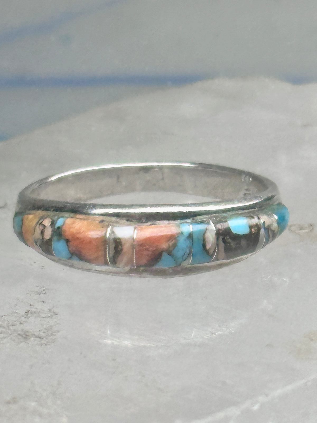 Vintage Sterling Silver Mosaic Turquoise Spiny Oyster Inlay Band Ring Size 8 2.4g