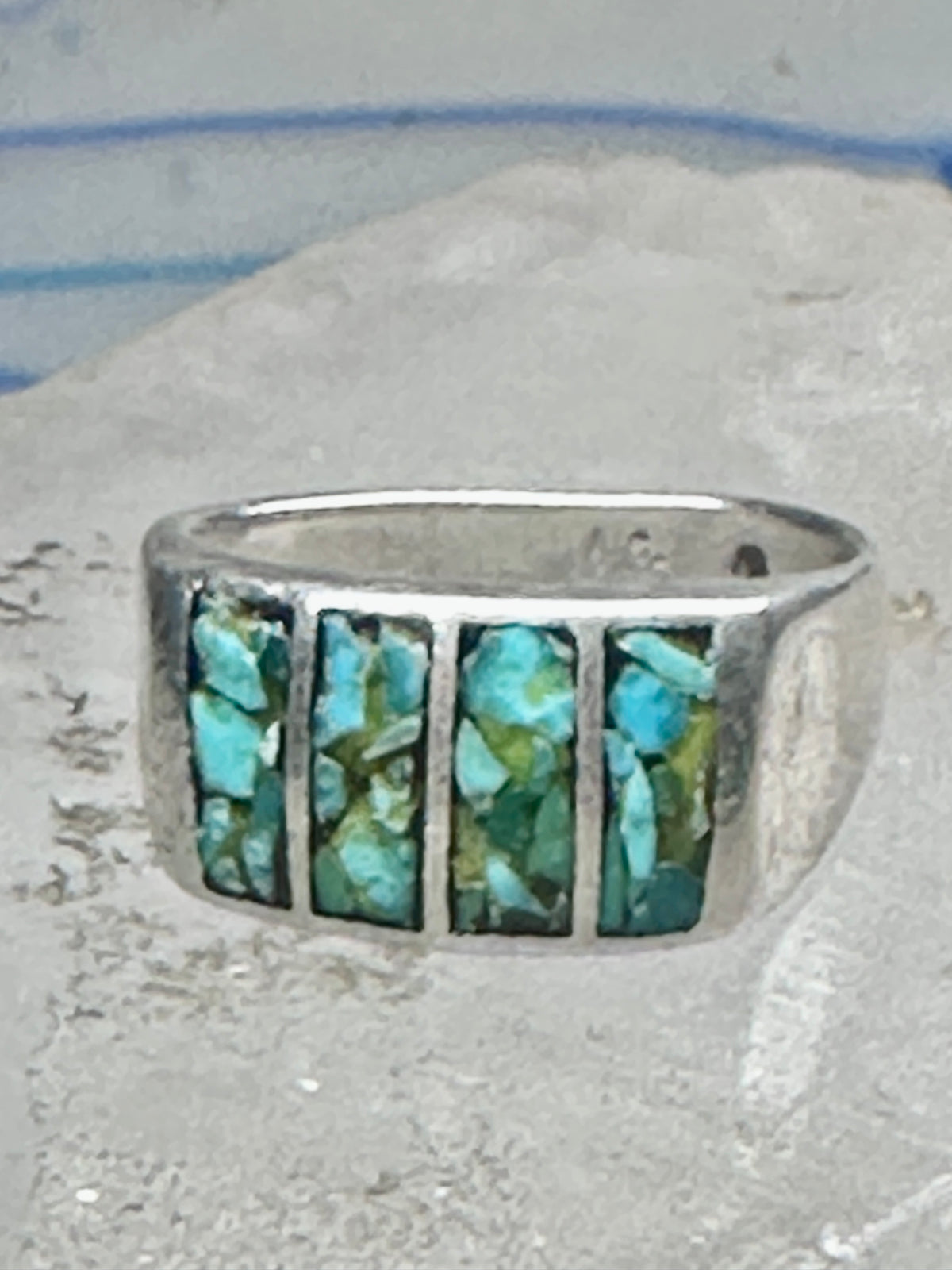 Vintage Sterling Silver Turquoise Chip Inlay Southwestern Band Ring Size 9 7.9g
