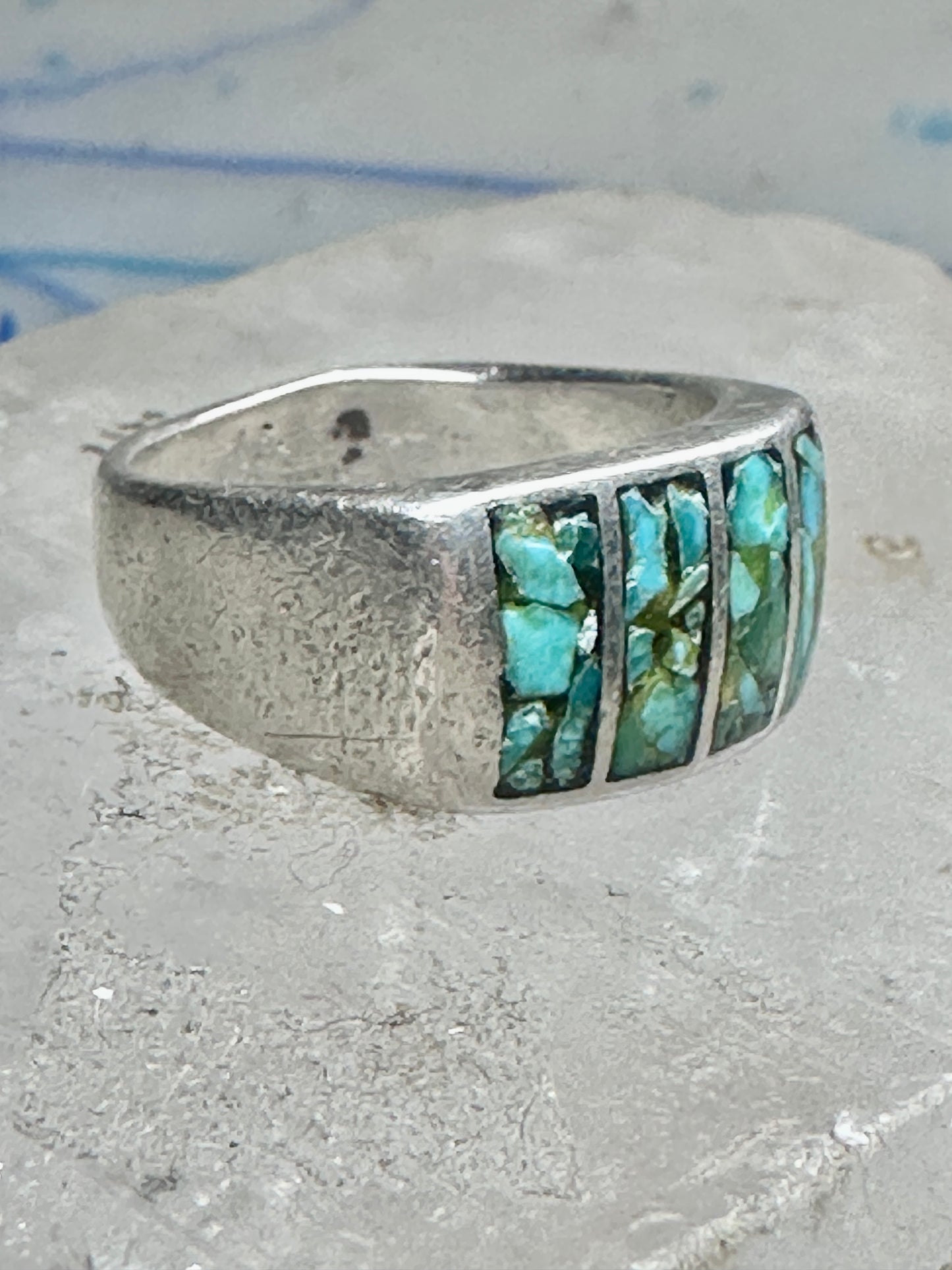 Vintage Sterling Silver Turquoise Chip Inlay Southwestern Band Ring Size 9 7.9g
