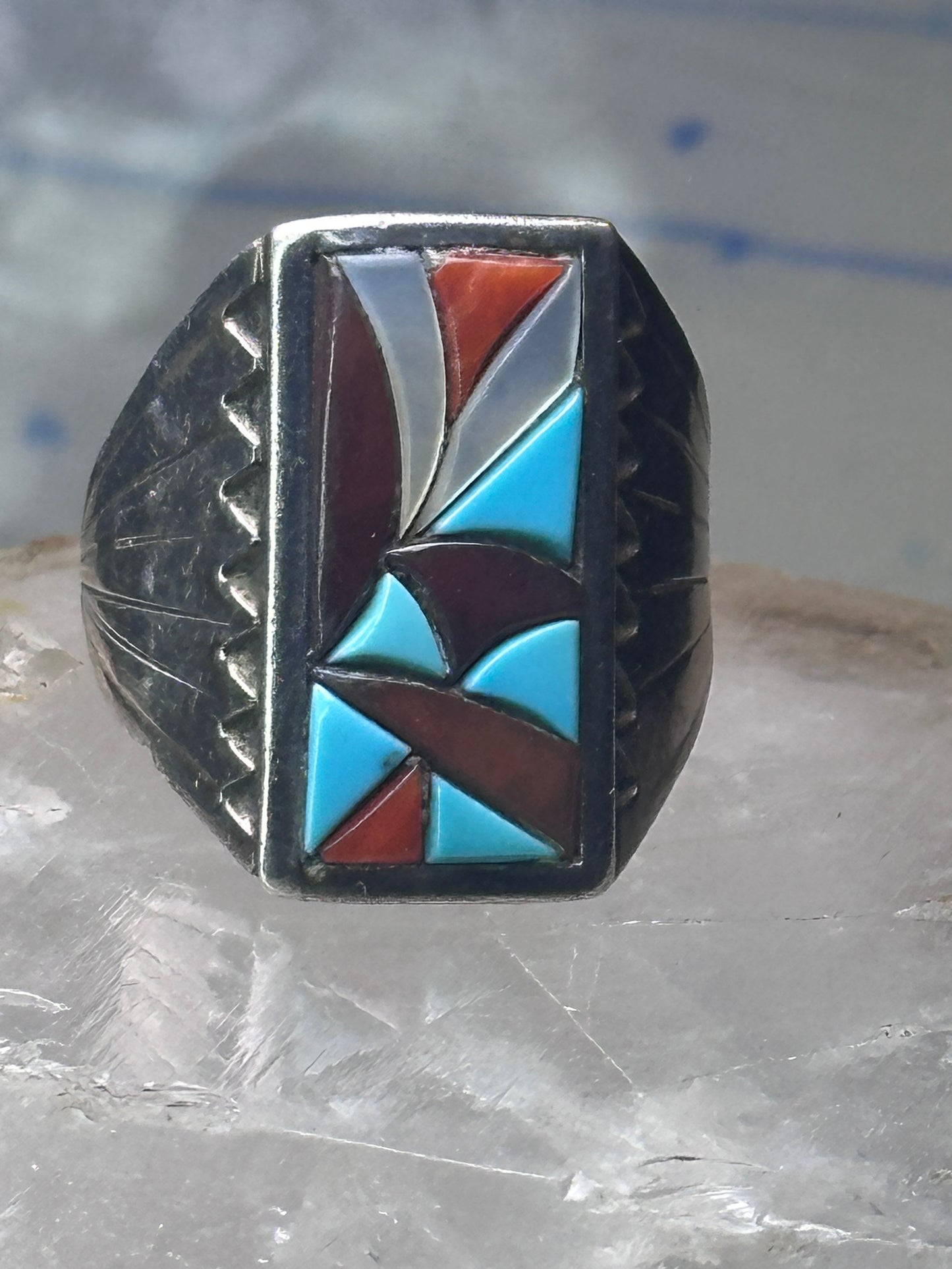 Zuni Cobblestone Ring Turquoise coral size 11.25 sterling silver sign R. G. & T