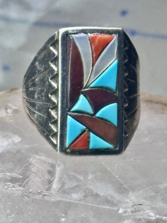 Zuni Cobblestone Ring Turquoise coral size 11.25 sterling silver sign R. G. & T