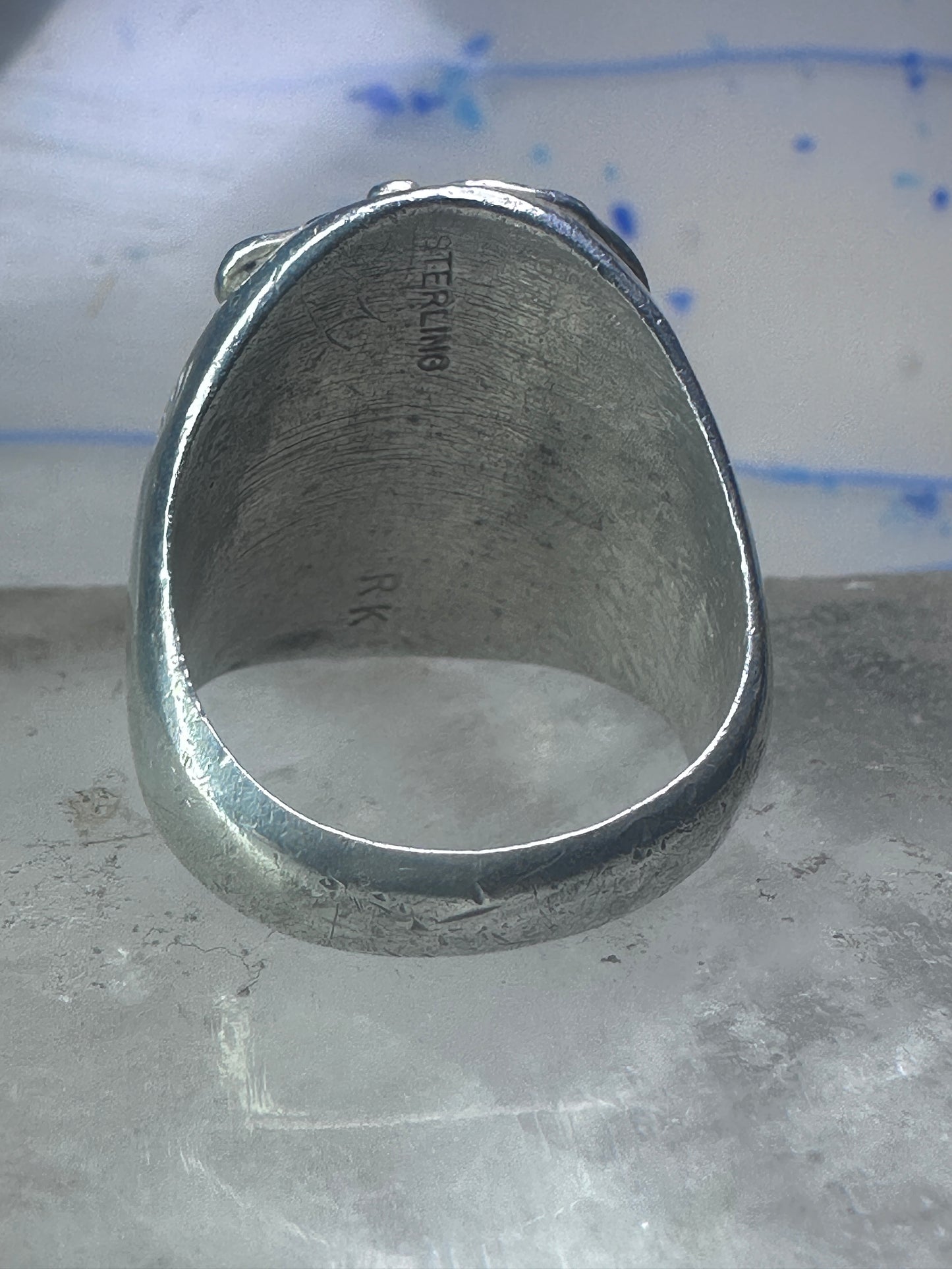 Navajo Ring wolf turquoise coral leaves band size 9.50 sterling silver women men signed RK