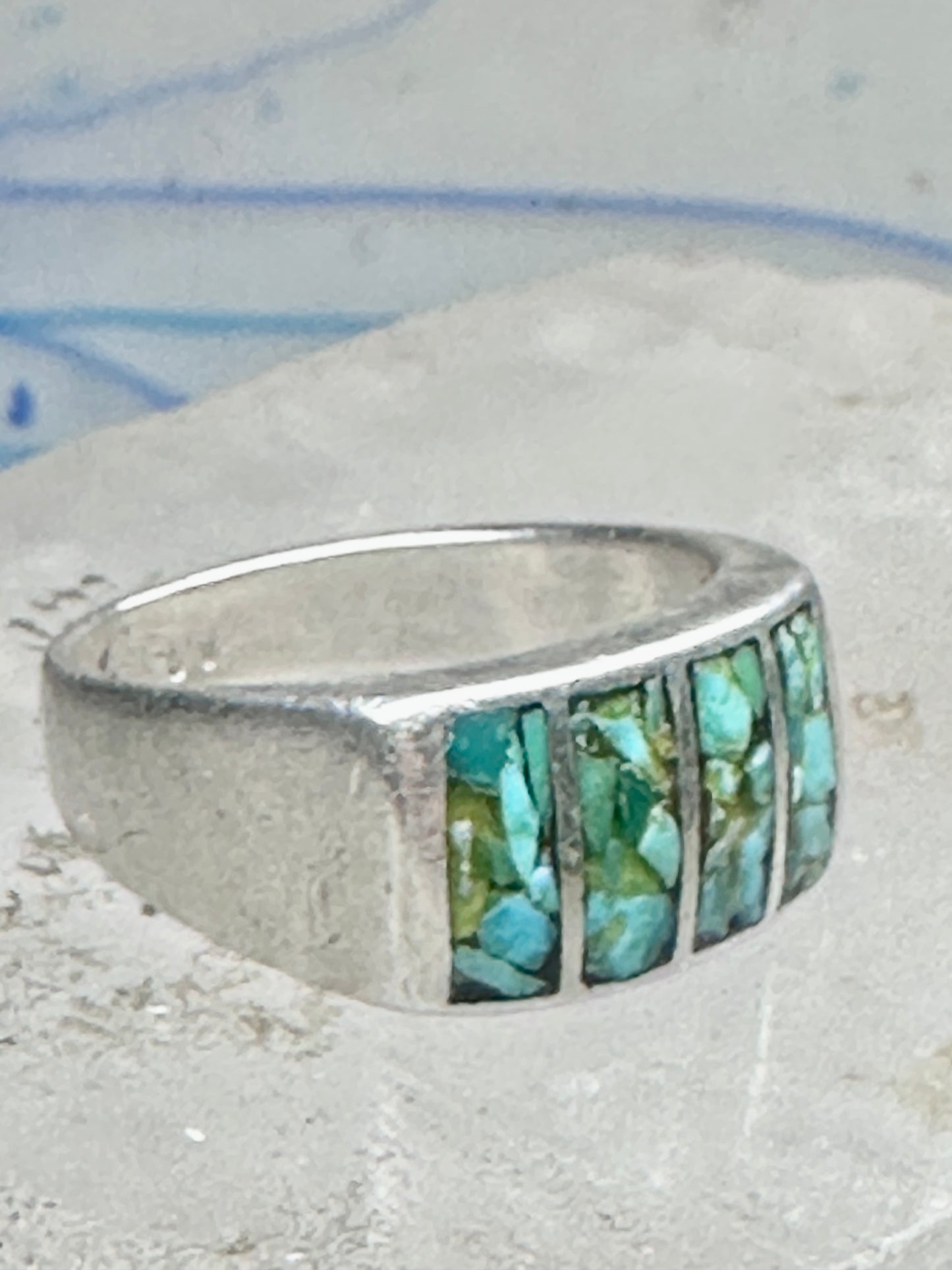 Vintage Sterling Silver Turquoise Chip Inlay Southwestern Band Ring Size 9 7.9g