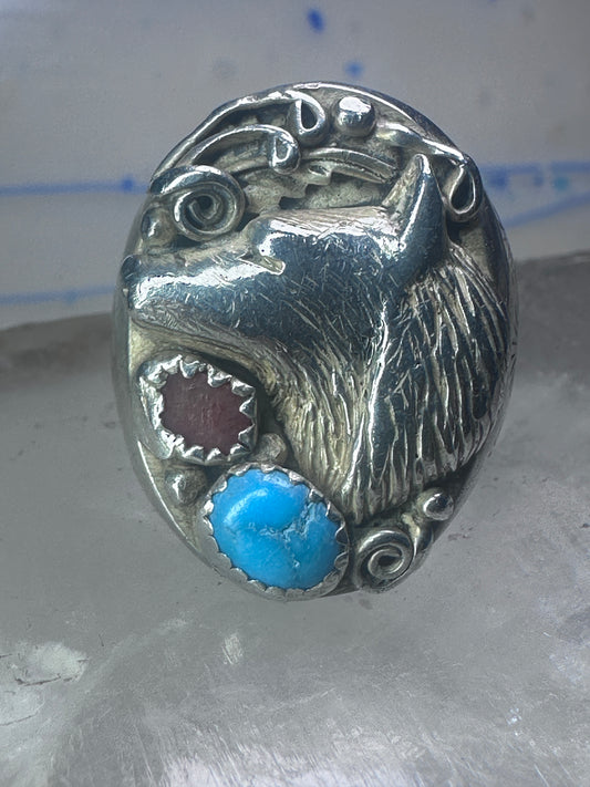 Navajo Ring wolf turquoise coral leaves band size 9.50 sterling silver women men signed RK
