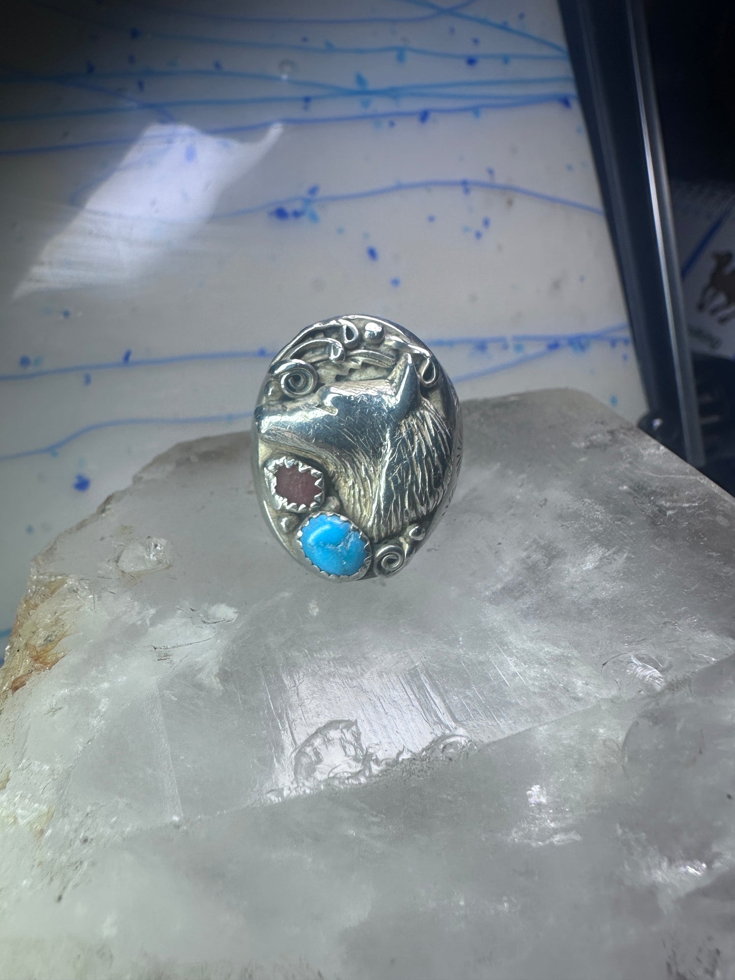 Navajo Ring wolf turquoise coral leaves band size 9.50 sterling silver women men signed RK