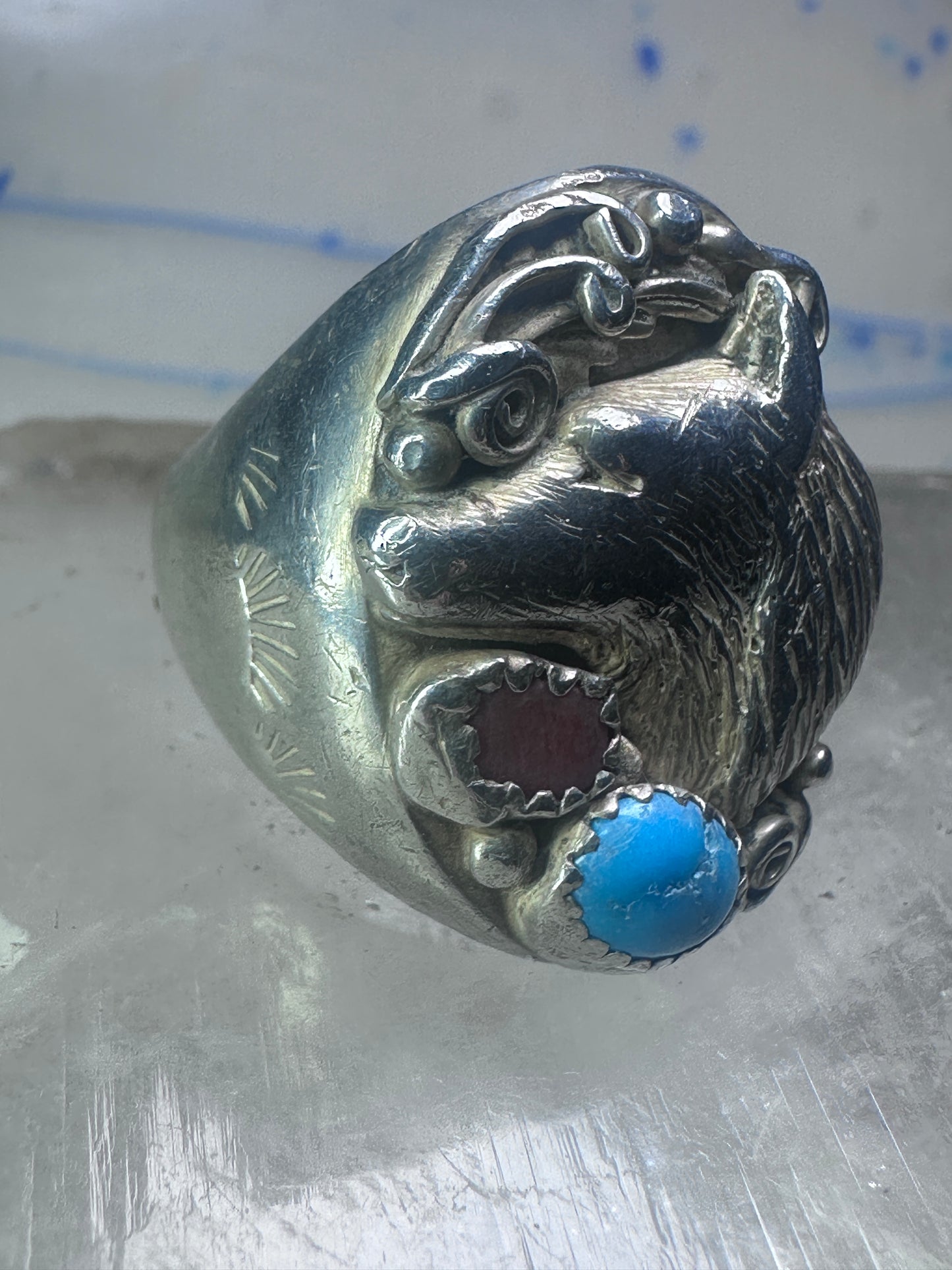 Navajo Ring wolf turquoise coral leaves band size 9.50 sterling silver women men signed RK