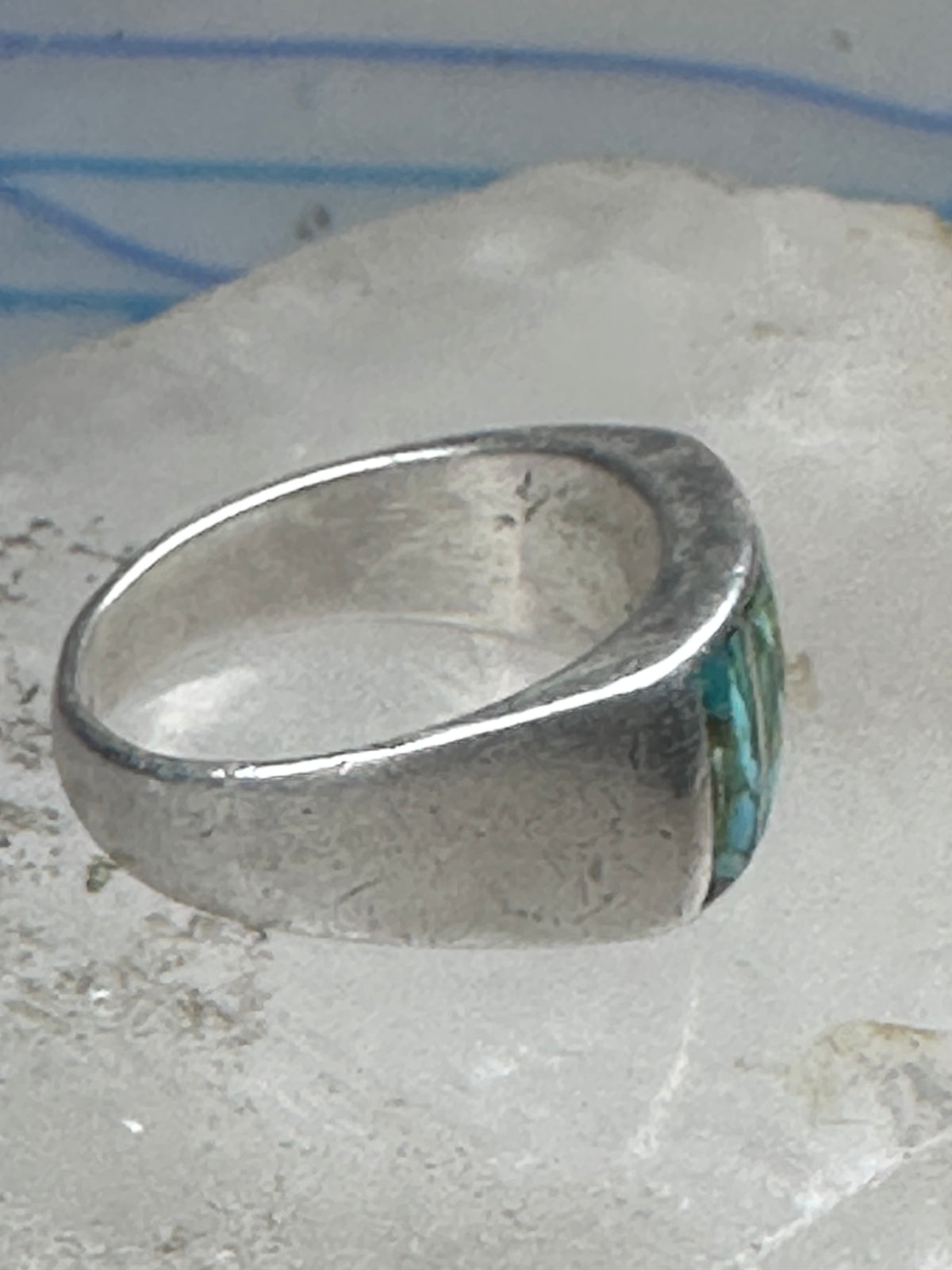 Vintage Sterling Silver Turquoise Chip Inlay Southwestern Band Ring Size 9 7.9g