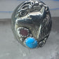 Navajo Ring wolf turquoise coral leaves band size 9.50 sterling silver women men signed RK
