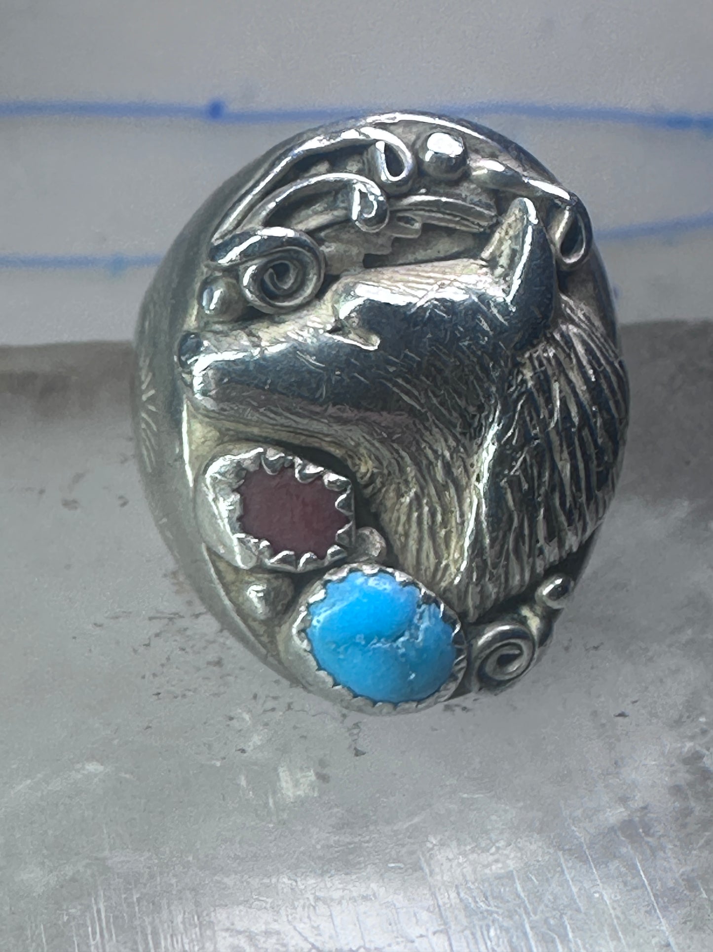 Navajo Ring wolf turquoise coral leaves band size 9.50 sterling silver women men signed RK