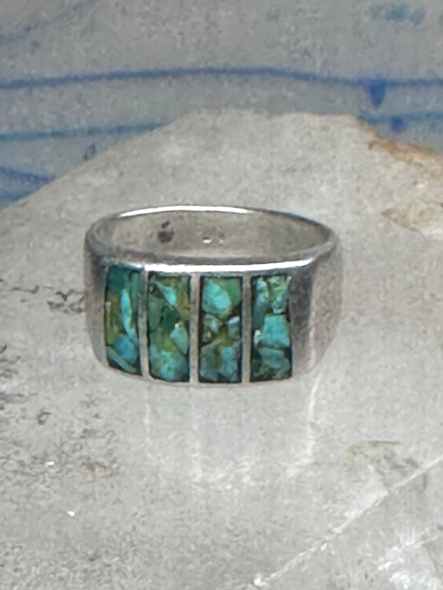 Vintage Sterling Silver Turquoise Chip Inlay Southwestern Band Ring Size 9 7.9g