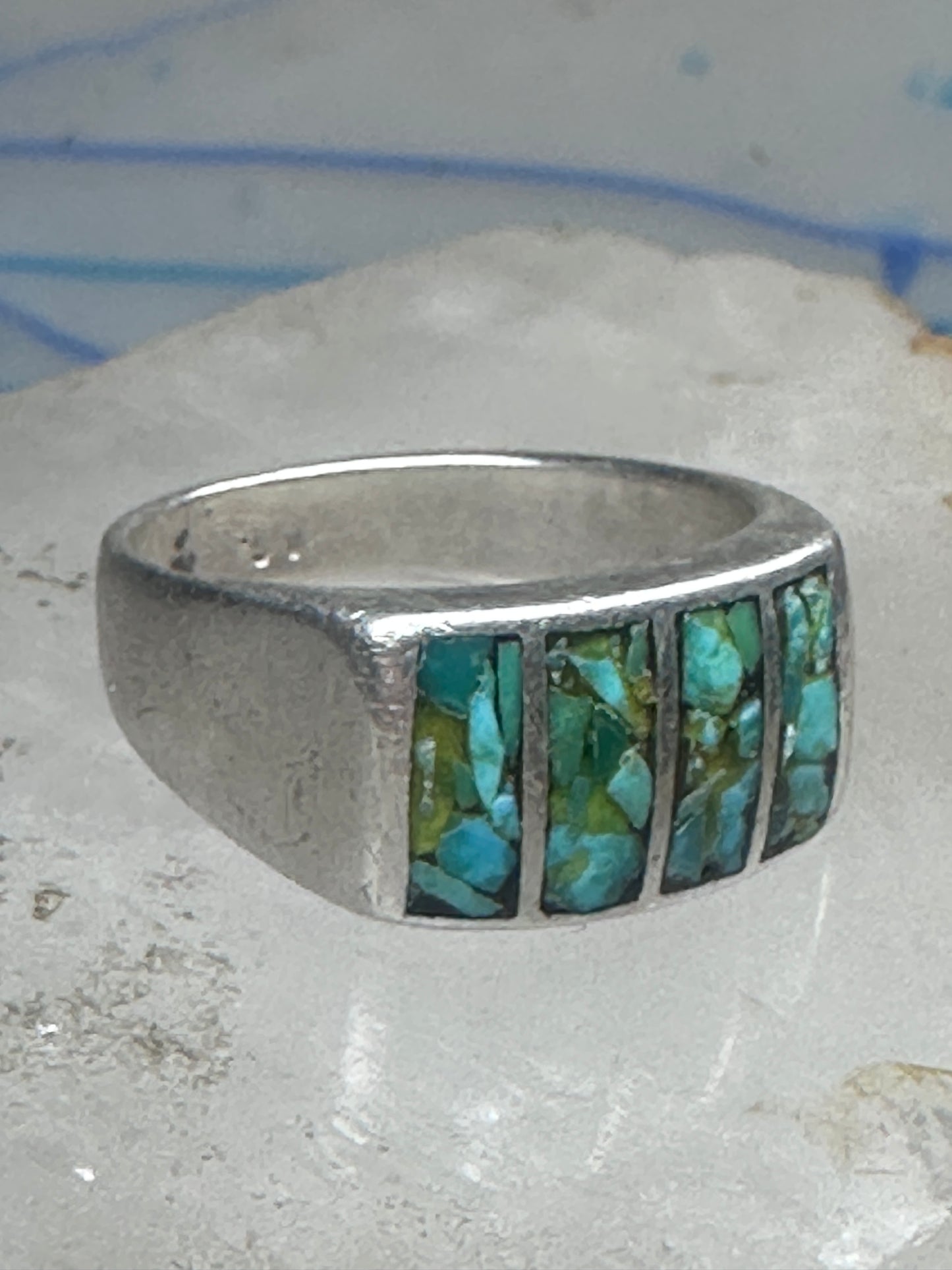 Vintage Sterling Silver Turquoise Chip Inlay Southwestern Band Ring Size 9 7.9g