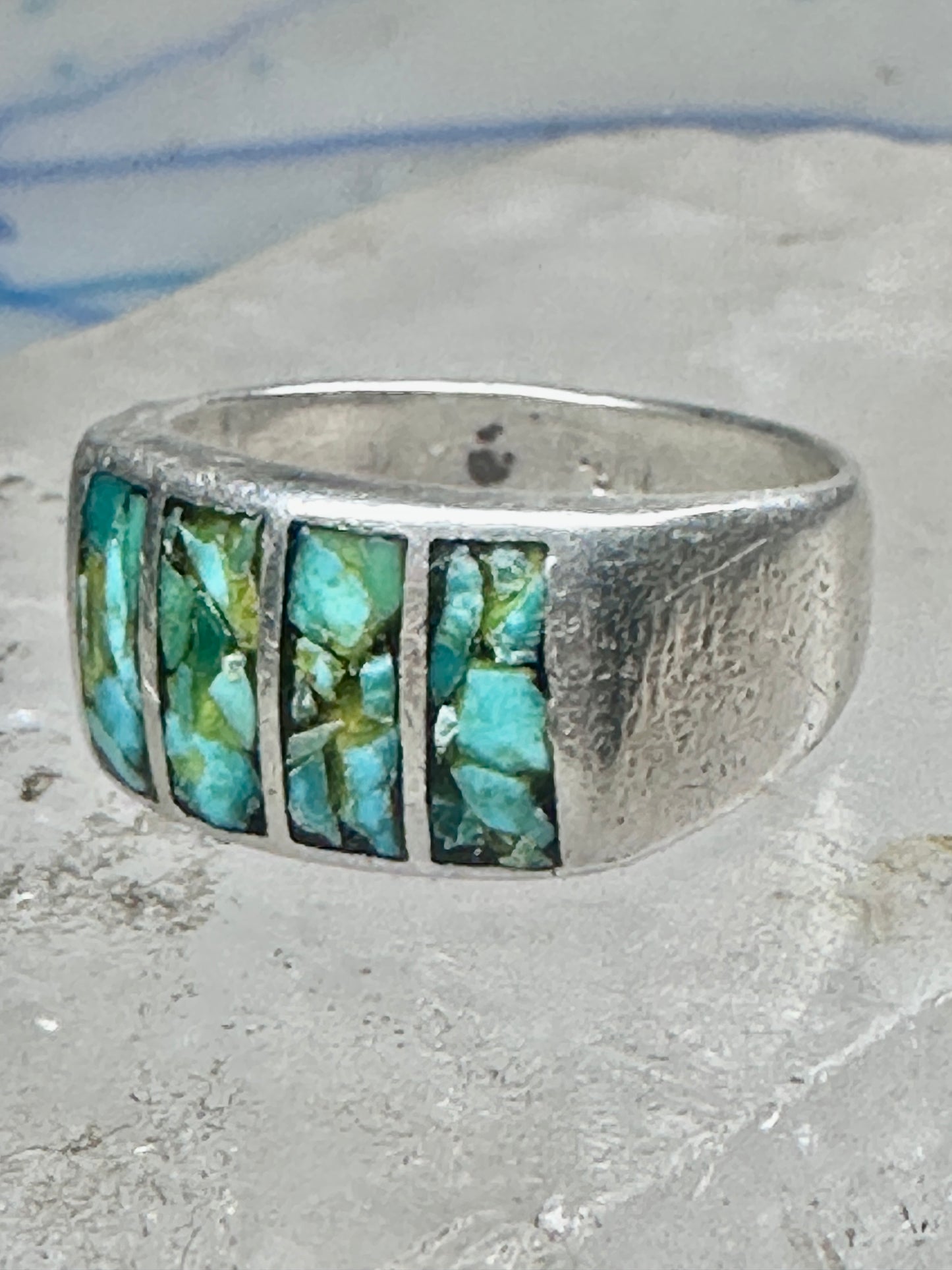 Vintage Sterling Silver Turquoise Chip Inlay Southwestern Band Ring Size 9 7.9g