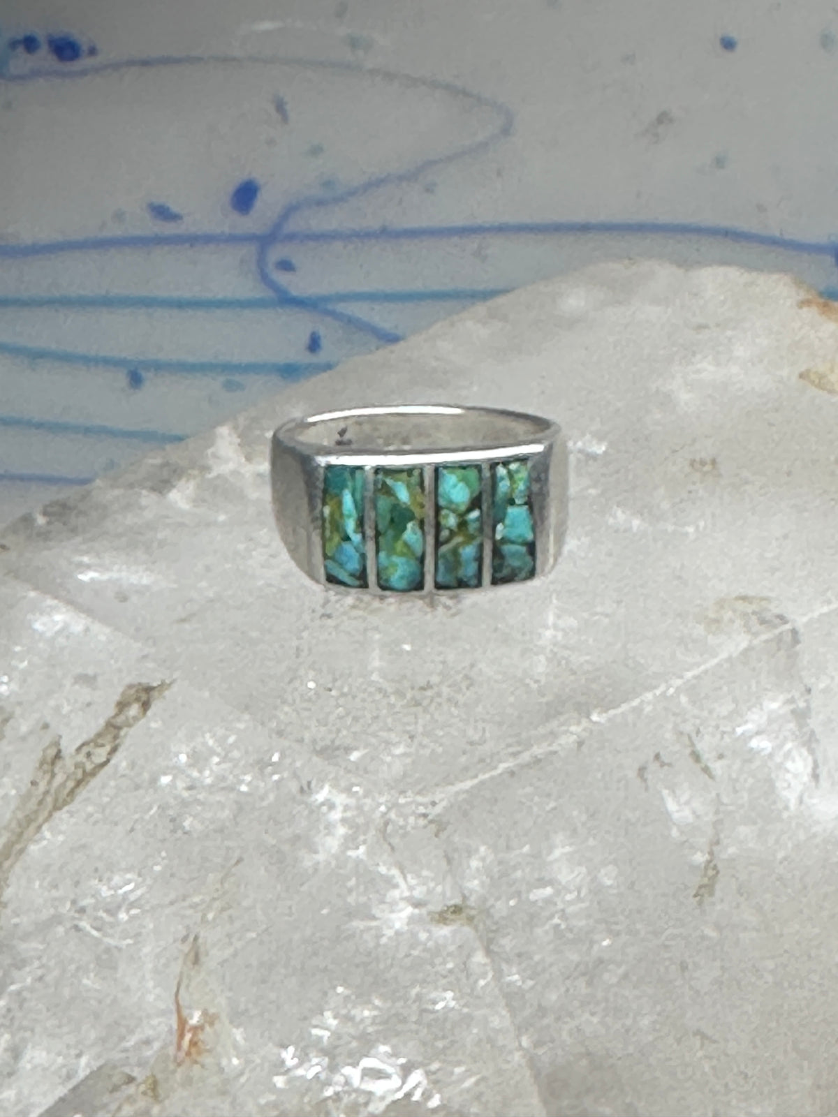 Vintage Sterling Silver Turquoise Chip Inlay Southwestern Band Ring Size 9 7.9g