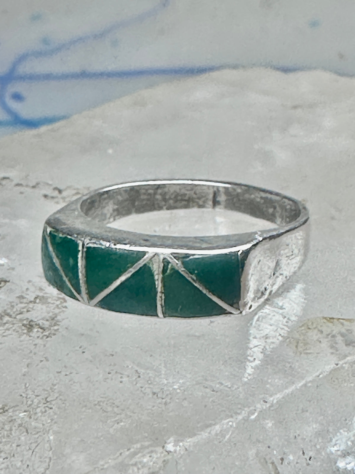 Vintage Sterling Silver Green Turquoise Geometric Channel Inlay Band Ring Size 6.25 3.2g