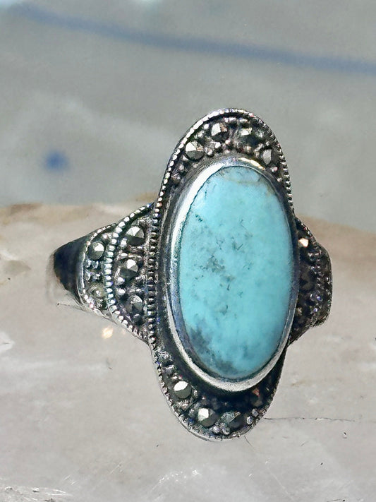 Turquoise ring Marcasites boho size 7.75 sterling silver women