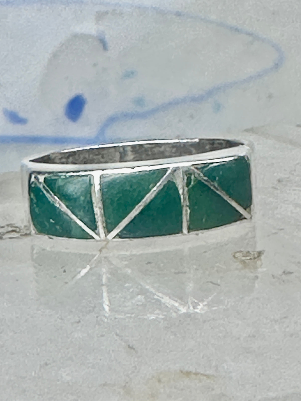 Vintage Sterling Silver Green Turquoise Geometric Channel Inlay Band Ring Size 6.25 3.2g