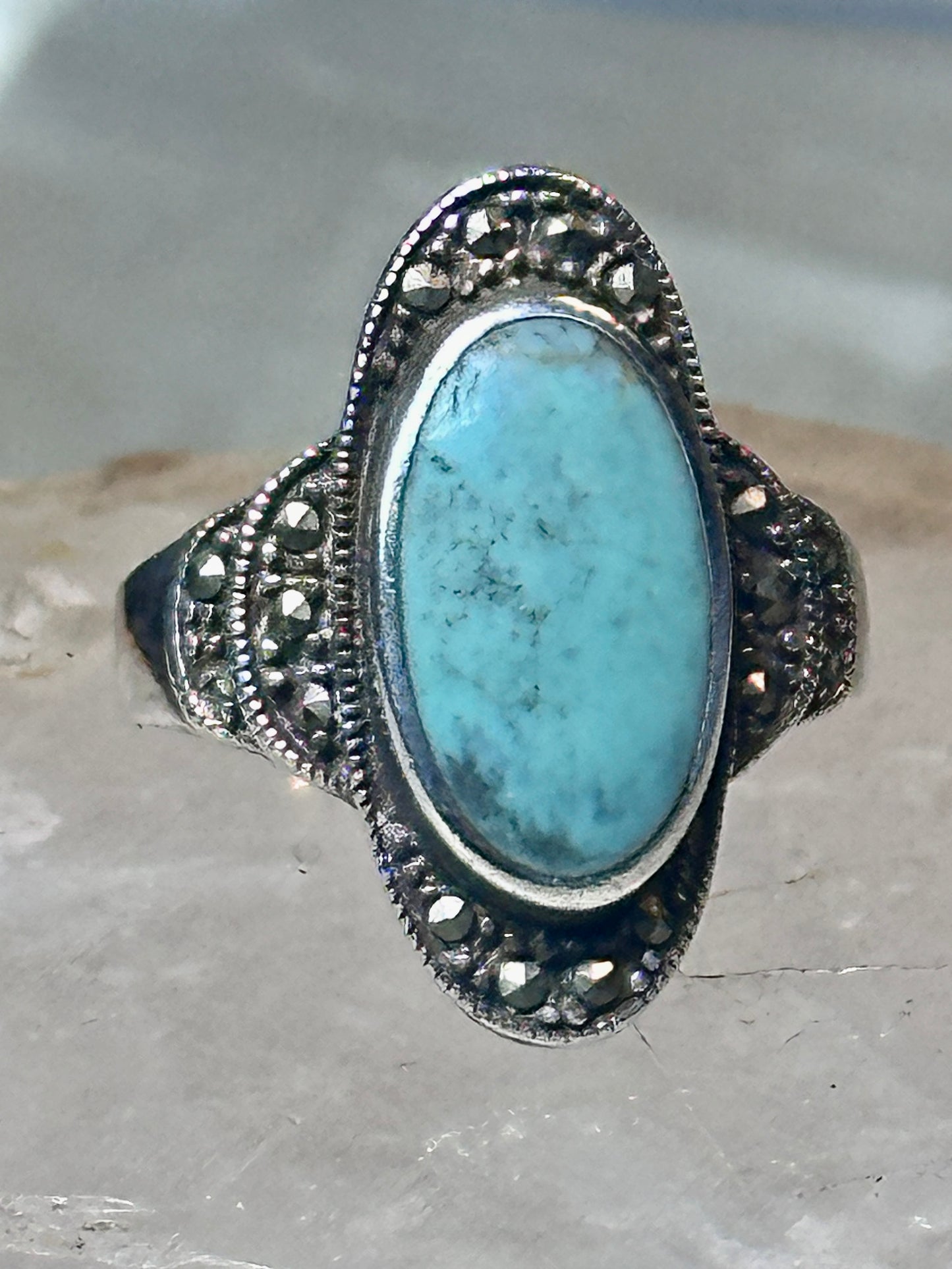 Turquoise ring Marcasites boho size 7.75 sterling silver women