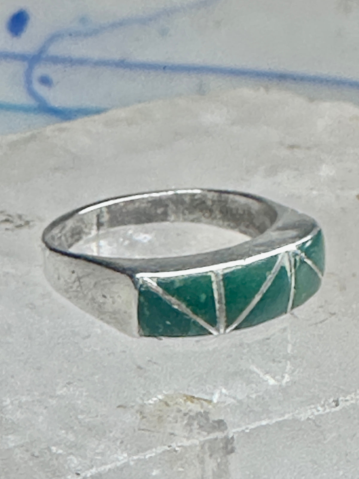 Vintage Sterling Silver Green Turquoise Geometric Channel Inlay Band Ring Size 6.25 3.2g