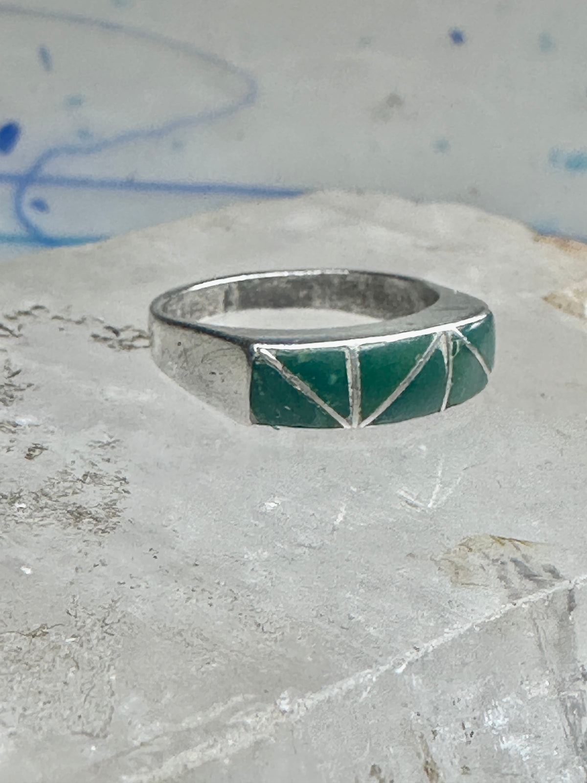 Vintage Sterling Silver Green Turquoise Geometric Channel Inlay Band Ring Size 6.25 3.2g