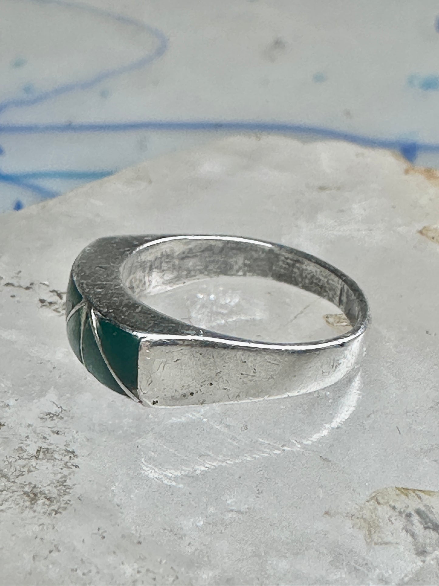 Vintage Sterling Silver Green Turquoise Geometric Channel Inlay Band Ring Size 6.25 3.2g