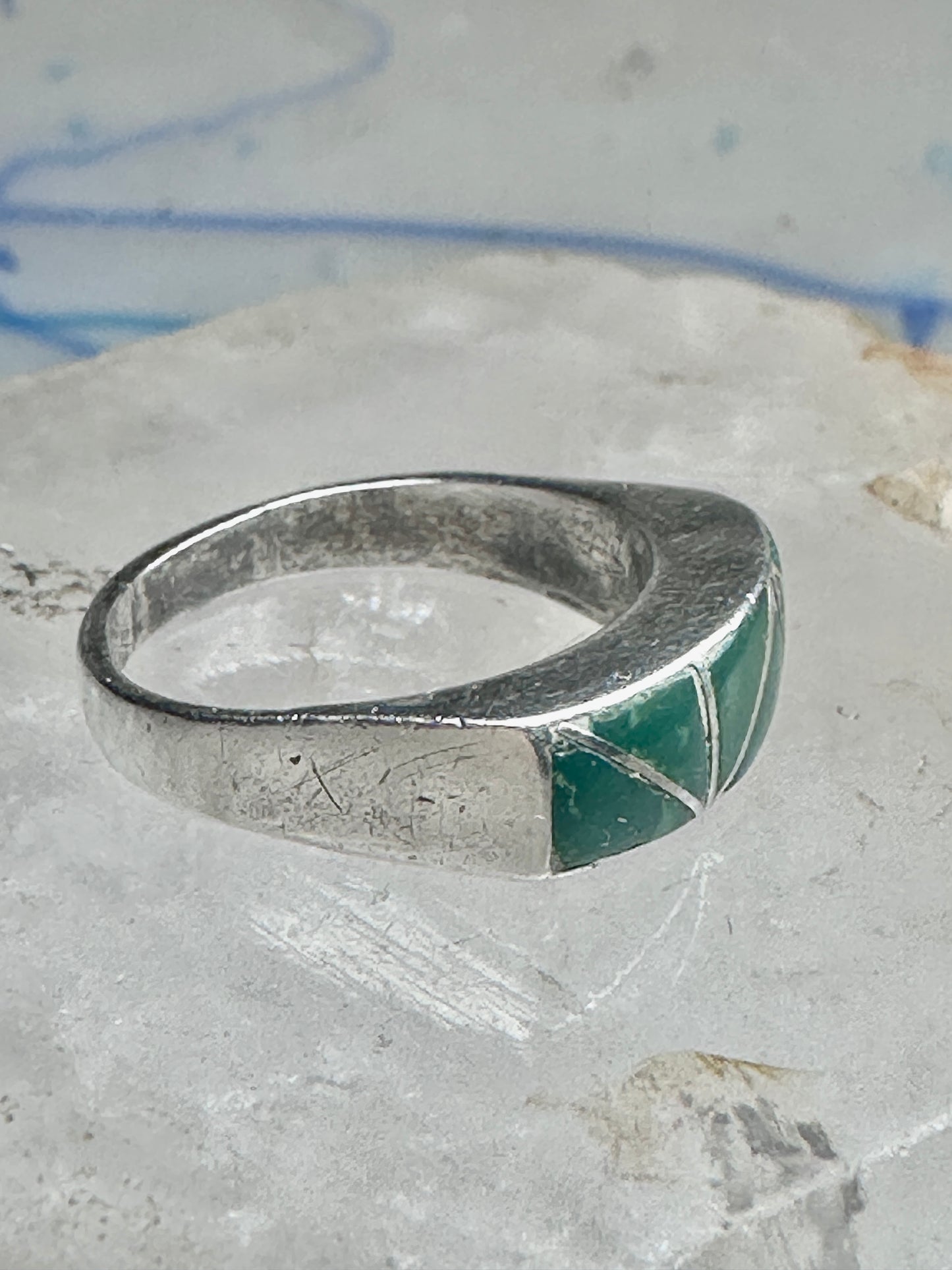 Vintage Sterling Silver Green Turquoise Geometric Channel Inlay Band Ring Size 6.25 3.2g