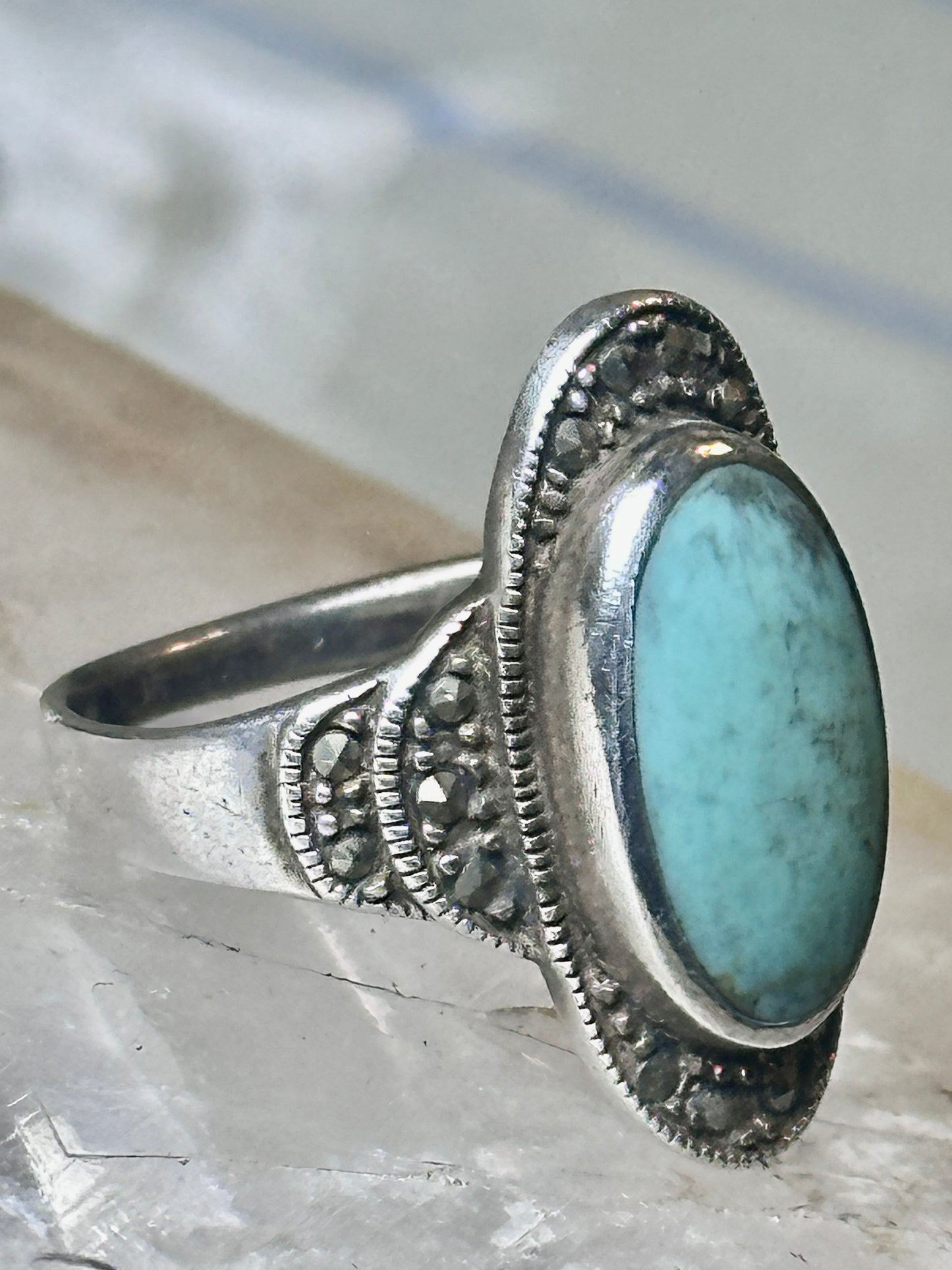Turquoise ring Marcasites boho size 7.75 sterling silver women
