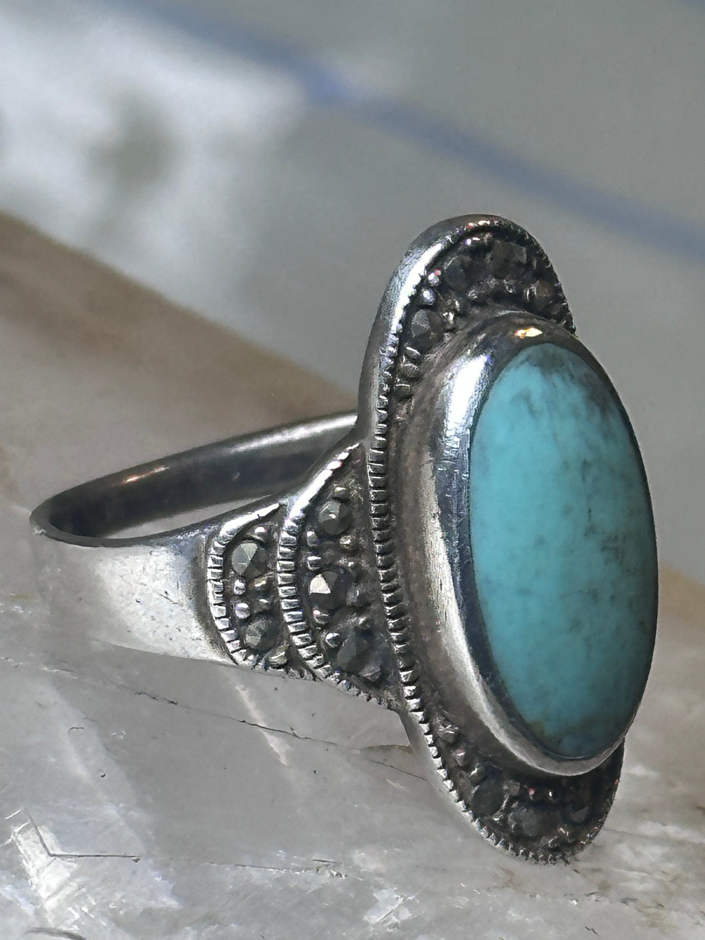 Turquoise ring Marcasites boho size 7.75 sterling silver women