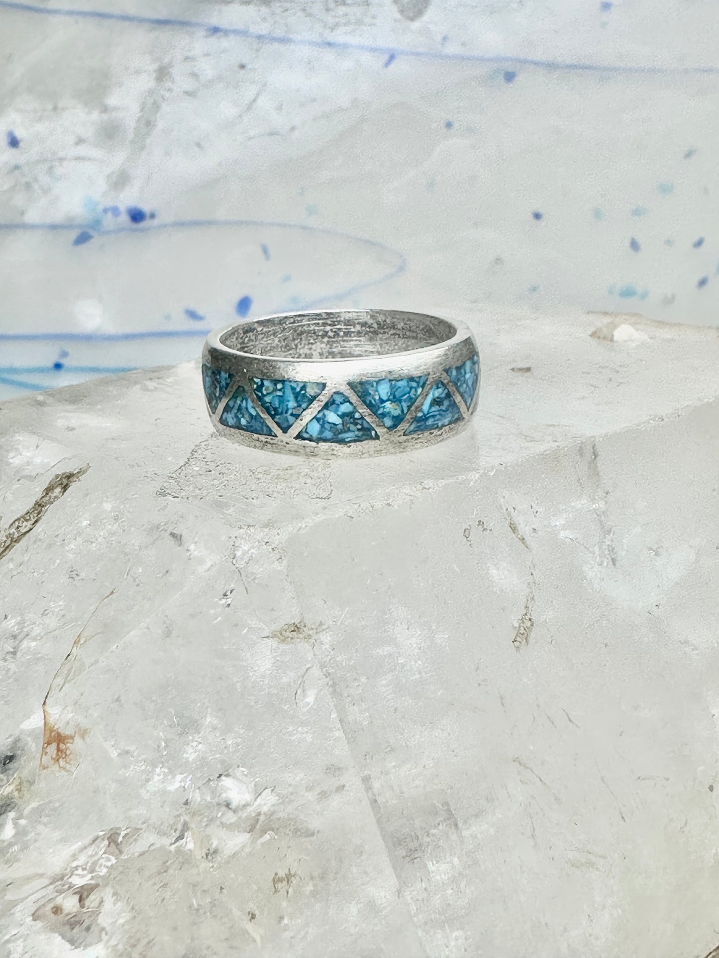 Vintage Sterling Silver Turquoise Chip Geometric Inlay Band Ring Size 11 7.6g