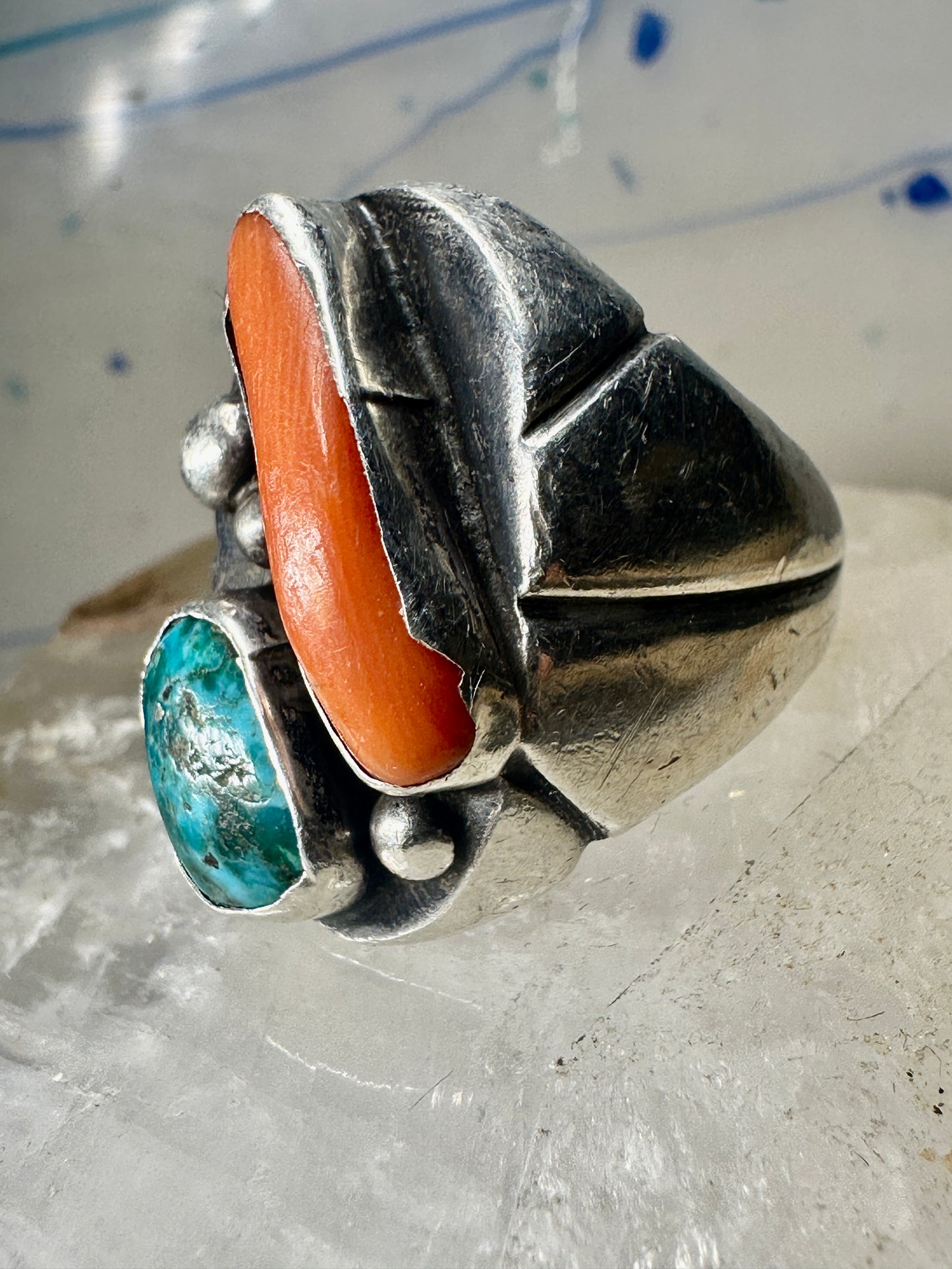 Navajo ring size 9.25 turquoise coral band sterling silver band women men