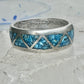 Vintage Sterling Silver Turquoise Chip Geometric Inlay Band Ring Size 11 7.6g