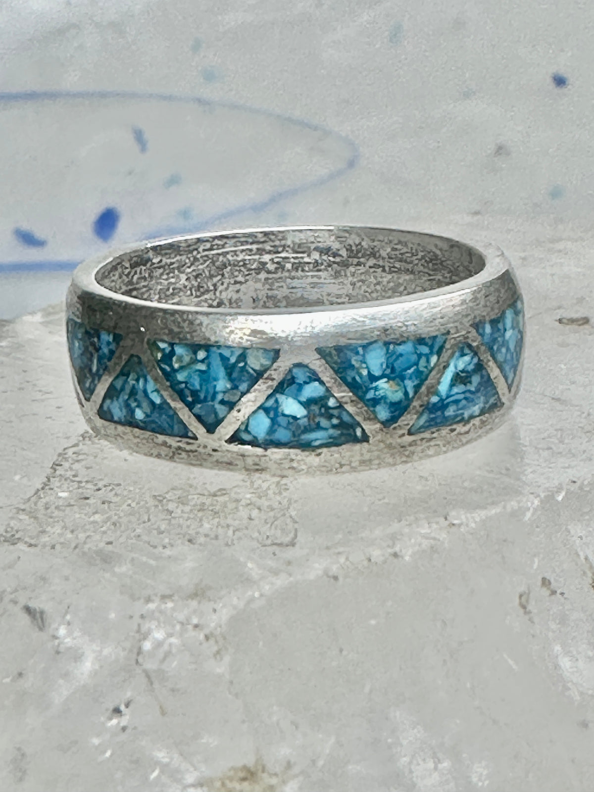 Vintage Sterling Silver Turquoise Chip Geometric Inlay Band Ring Size 11 7.6g