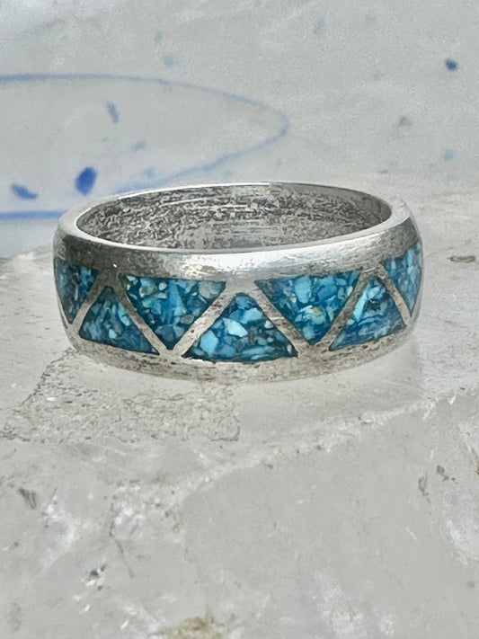 Vintage Sterling Silver Turquoise Chip Geometric Inlay Band Ring Size 11 7.6g
