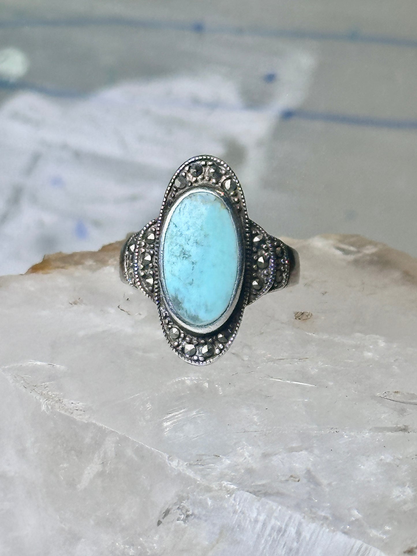 Turquoise ring Marcasites boho size 7.75 sterling silver women