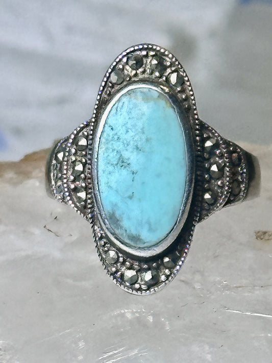 Turquoise ring Marcasites boho size 7.75 sterling silver women