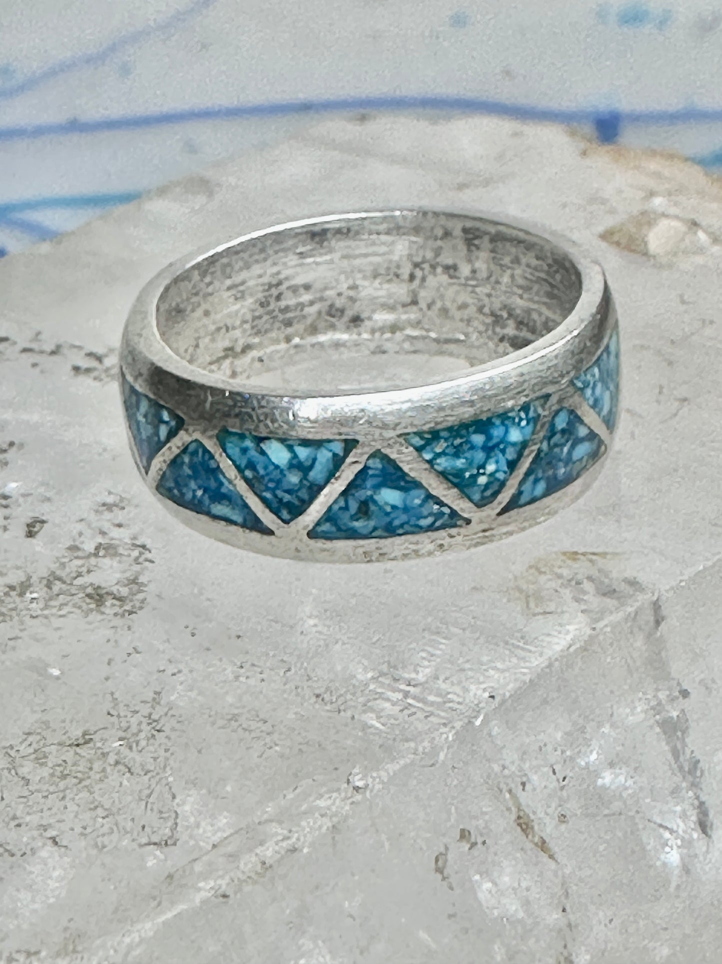 Vintage Sterling Silver Turquoise Chip Geometric Inlay Band Ring Size 11 7.6g