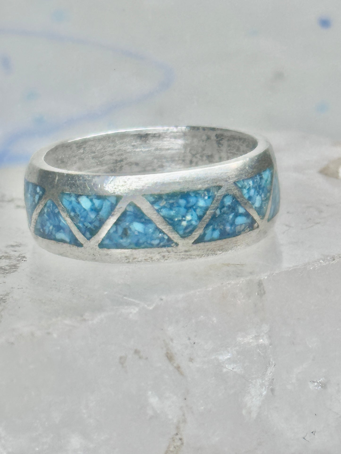 Vintage Sterling Silver Turquoise Chip Geometric Inlay Band Ring Size 11 7.6g