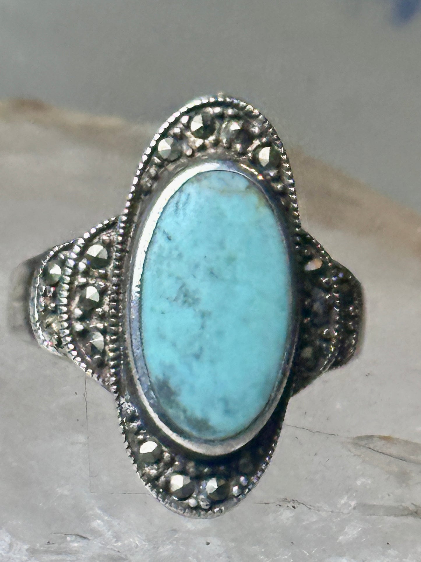 Turquoise ring Marcasites boho size 7.75 sterling silver women