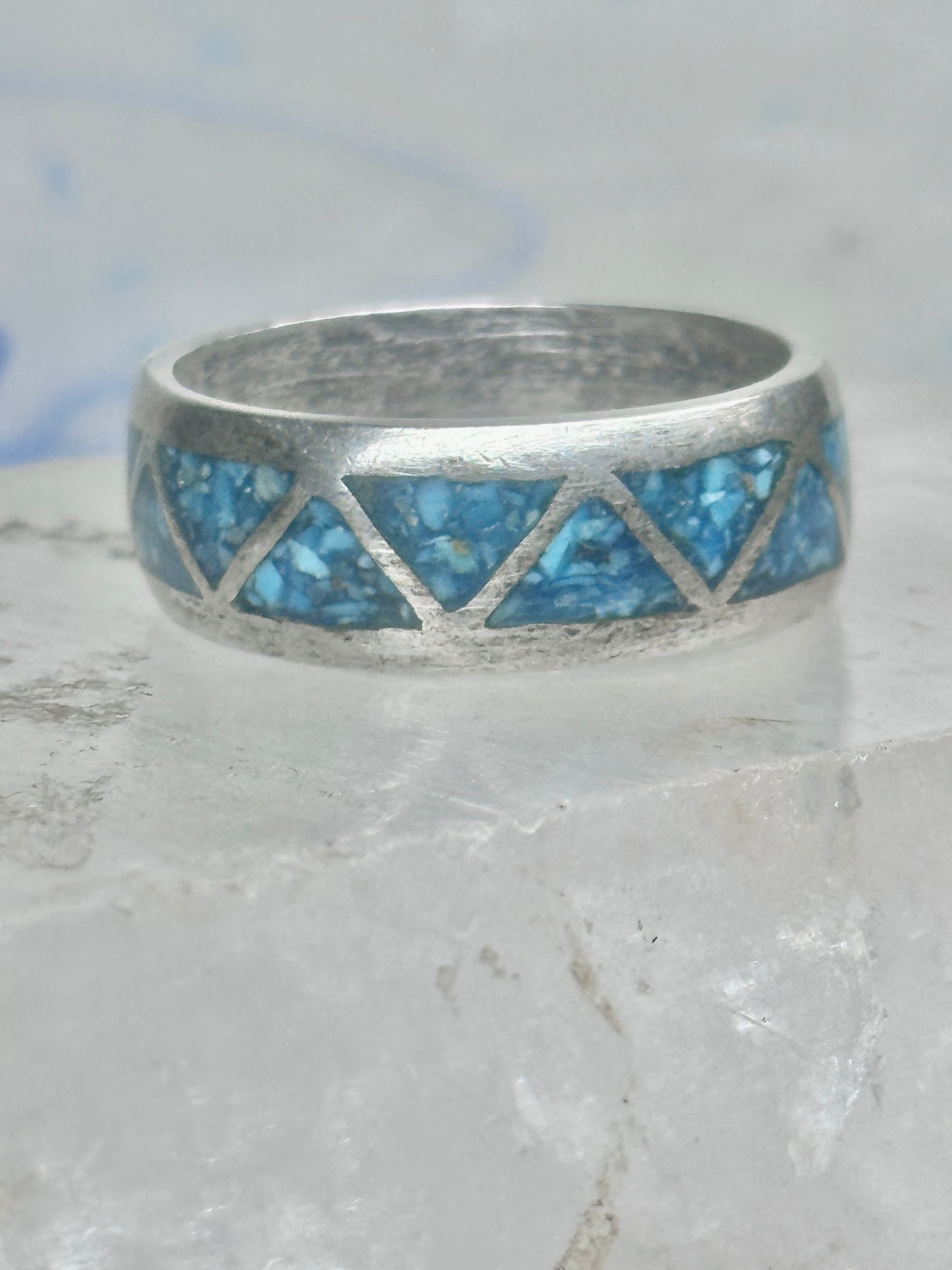 Vintage Sterling Silver Turquoise Chip Geometric Inlay Band Ring Size 11 7.6g