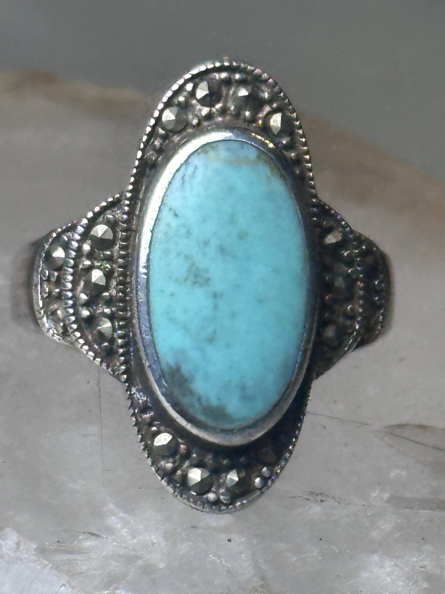 Turquoise ring Marcasites boho size 7.75 sterling silver women