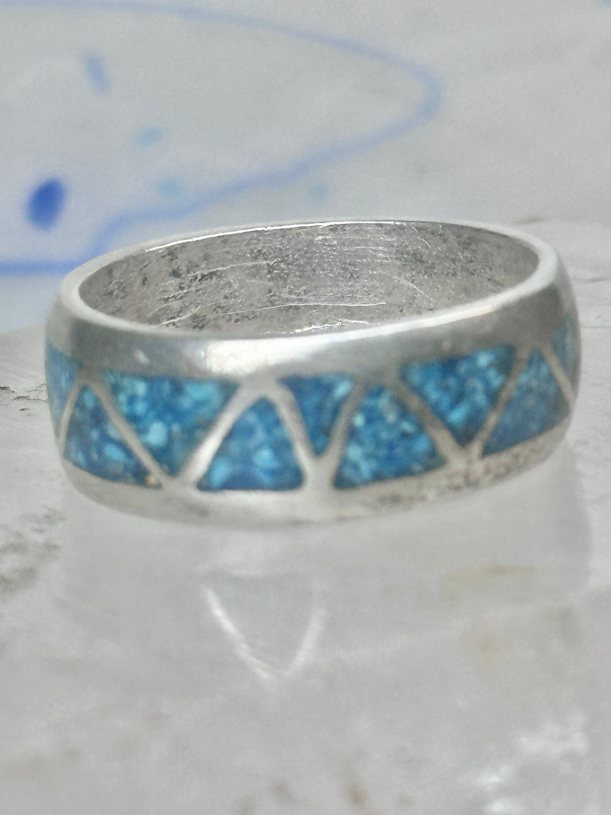 Vintage Sterling Silver Turquoise Chip Geometric Inlay Band Ring Size 11 7.6g